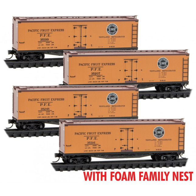 Micro Trains 99300219 | 40' Wood Reefer w/Vertical Brake Wheel 4-Pack with Foam Nest - Ready to Run - Pacific Fruit Express #35316, 35248, 35207, 35199, yellow, UP Overland Logo) | N Scale
