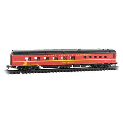 Micro Trains 993 02 236 | Heavyweight Dinner Train Set w/2 Coaches, Diner, Observation 4-Pack (Foam) - Ready to Run - Medford, Talent & Lakecreek (1970s - 1980s Scheme, red, yellow, black) | N Scale