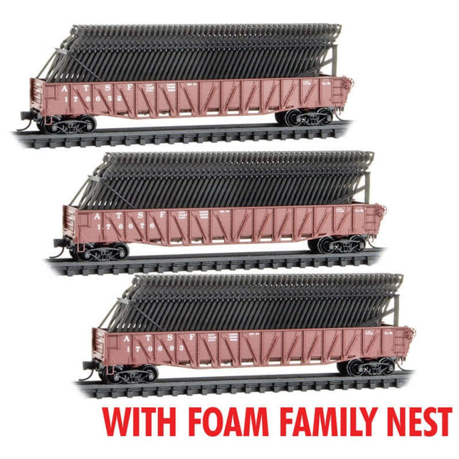 Micro Trains 993 02 242 | 50' Composite Gondola w/Fishbelly Sides & Auto Frame Load Kit RTR 3-Pack (Foam) - Ready to Run - Santa Fe #176652, 176676, 176693 (Boxcar Red) | N Scale