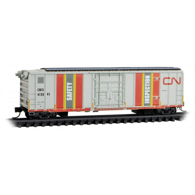 Micro Trains 027 00 500 | 50' Rib-Side Plug-Door Boxcar No Roofwalk - Ready to Run - Canadian National #412091 (Track Inspection Car, gray, orange, yellow) | N Scale