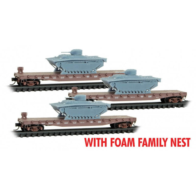 Micro Trains 993 02 245 | 50' Fishbelly-Side Flatcar w/LVT(A)1 Tank Load 3-Pack - Ready to Run - Foam Nest - Southern Pacific #79700, 79753, 79795 (Boxcar Red) | N Scale
