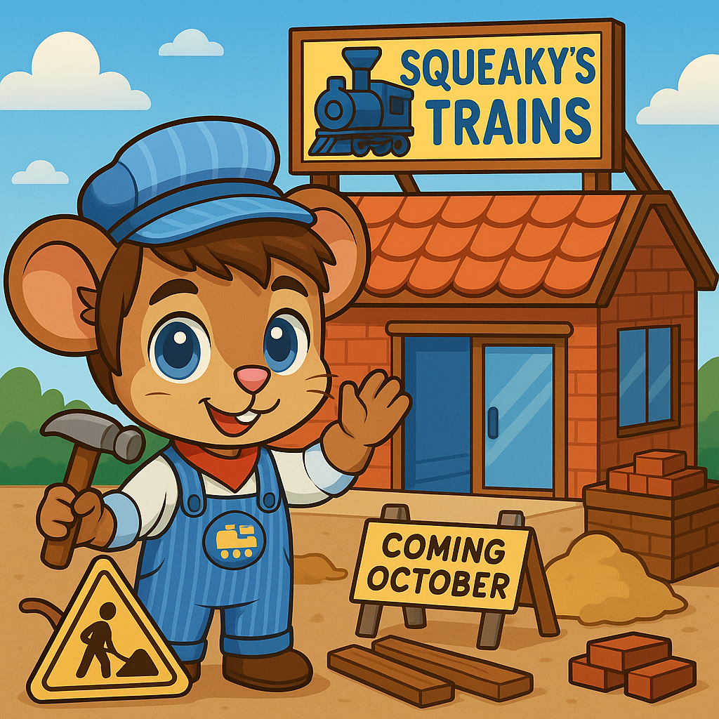 Squeaky's Trains & Things is Opening Our First Physical Store! cartoon character with construction signs