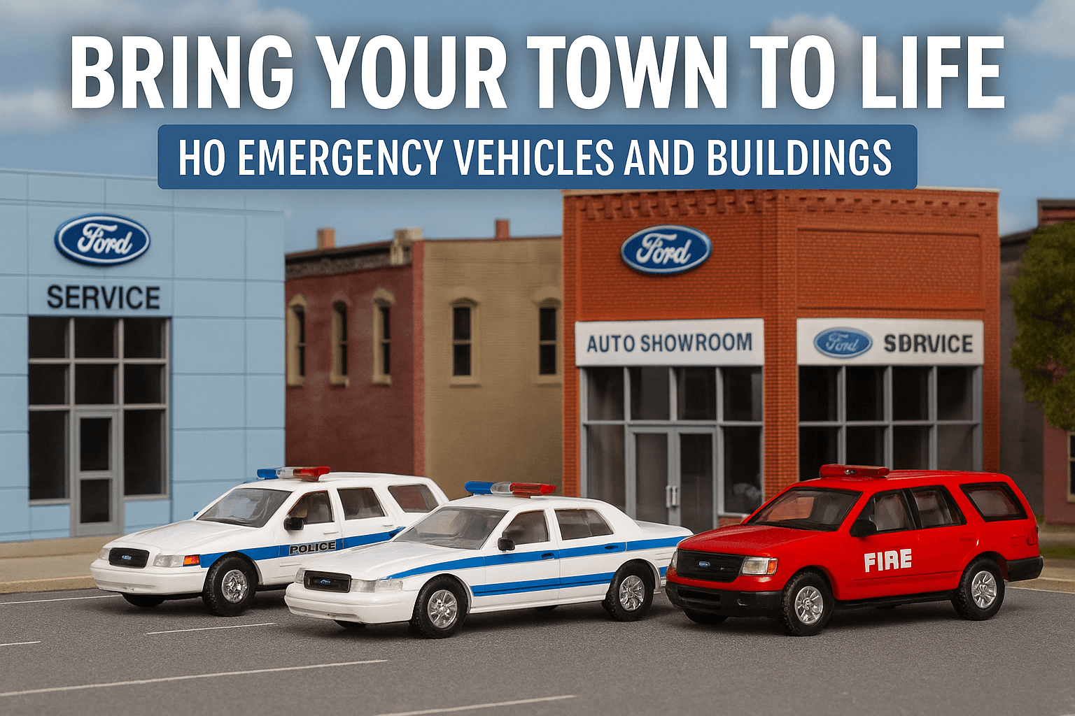 HO scale emergency vehicles and buildings featuring police cars and fire truck in a town setting.