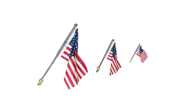 US wall mount flags in three sizes, showcasing patriotism with vibrant colors and a spotlight feature.