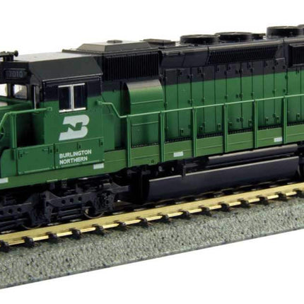 N Scale Kato EMD SD40-2 Burlington Northern #7010 locomotive model on railroad track.