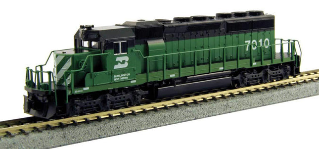 N Scale Kato EMD SD40-2 Burlington Northern #7010 locomotive model on railroad track.