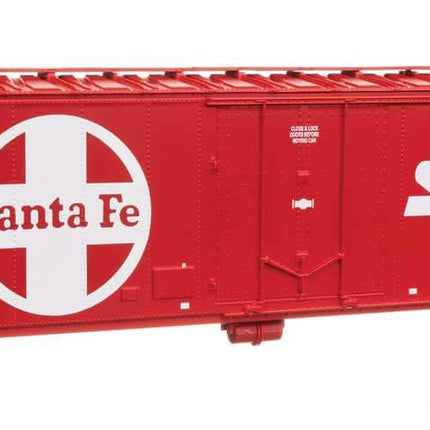 HO Scale Santa Fe 50' Insulated Boxcar by Walthers Mainline in bright red with Super Shock Control graphics.