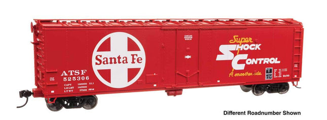 HO Scale Santa Fe 50' Insulated Boxcar by Walthers Mainline in bright red with Super Shock Control graphics.