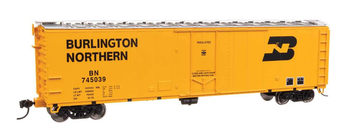 Walthers Mainline 50' PC&F Insulated Boxcar in Burlington Northern yellow with number 745039, modeled for HO Scale.