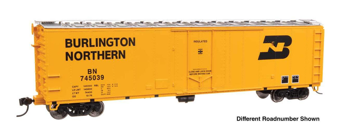 Burlington Northern 50' insulated boxcar model, HO scale, featuring bright yellow paint and detailed lettering.