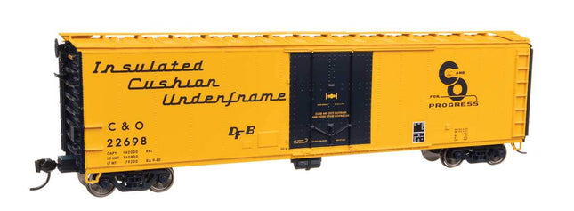 Yellow HO scale Chesapeake & Ohio 50' insulated boxcar model, C&O #22698, by Walthers Mainline.