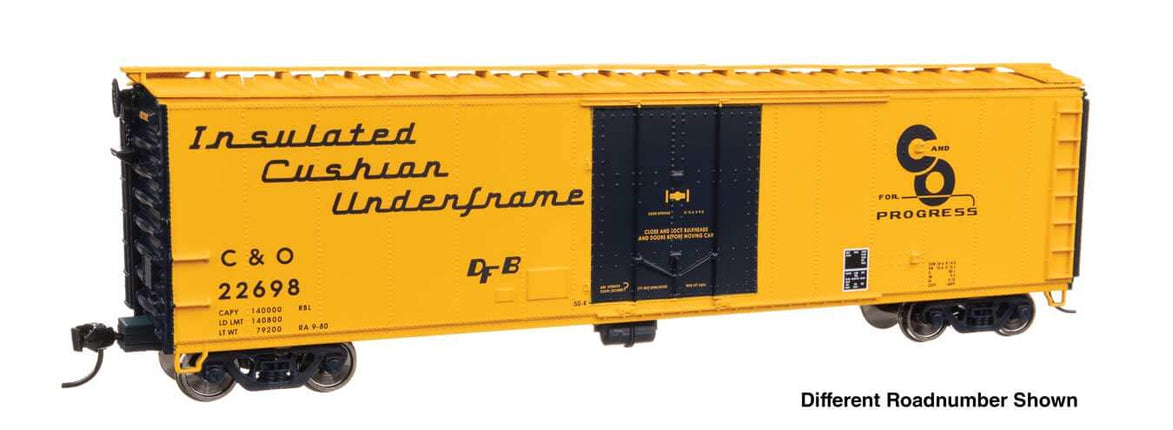 Walthers Mainline HO Scale 50' Chesapeake & Ohio insulated boxcar model in vibrant yellow, showcasing detailed design.