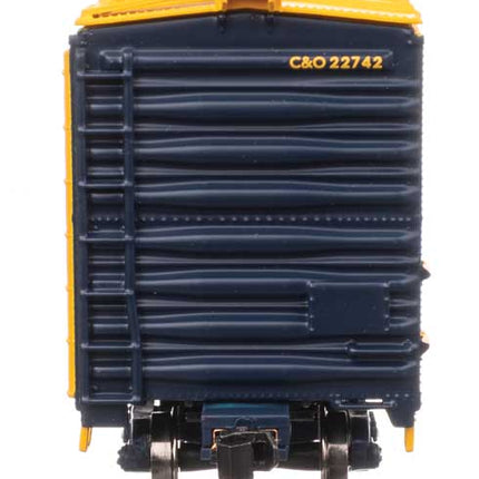 Walthers Mainline 50' insulated boxcar C&O #22742 in HO scale, featuring blue and yellow design, ideal for vintage layouts.