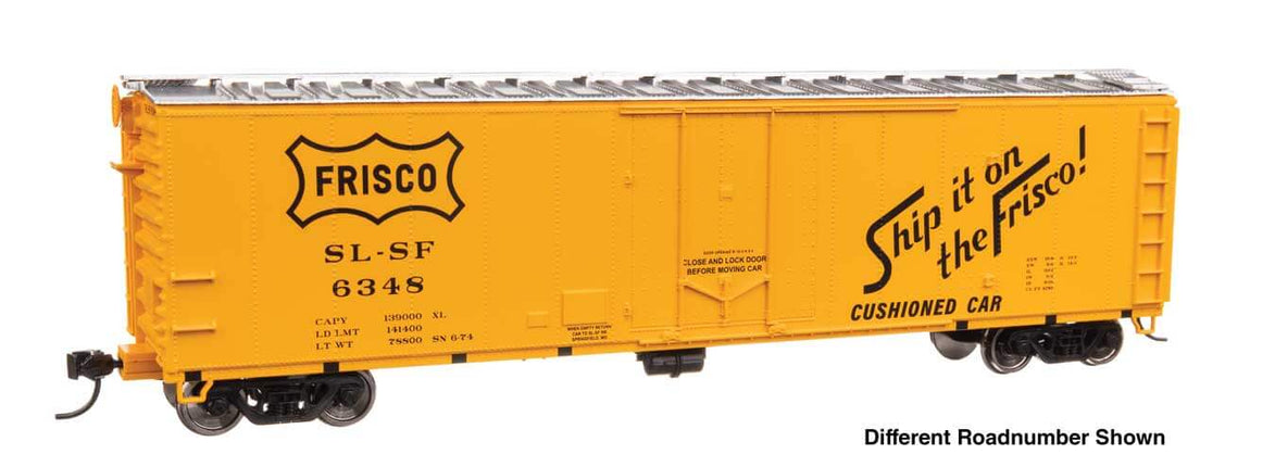 Walthers Mainline HO Scale 50' Insulated Boxcar in bright yellow with Frisco logo and text "Ship it on the Frisco!"