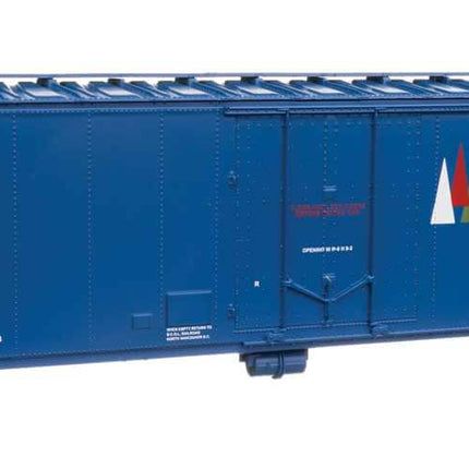 Mountain Pine Lumber HO Scale 50' insulated boxcar model in blue, ready to run, ideal for layout from 1960s to 2000s.