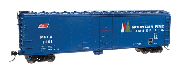 Mountain Pine Lumber HO Scale 50' insulated boxcar model in blue, ready to run, ideal for layout from 1960s to 2000s.