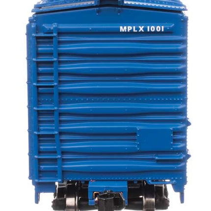 Walthers Mainline 50' PC&F Insulated Boxcar MPLX 1001 model in blue, perfect for HO Scale layouts.