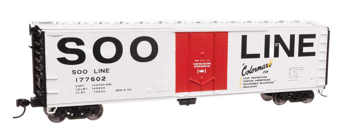 Walthers Mainline Soo Line 177602 50' insulated boxcar model in HO scale for pre-order, featuring detailed lettering and design.