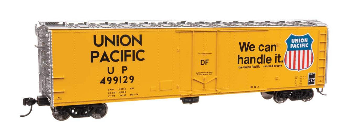 Walthers Mainline HO Scale Union Pacific 50' boxcar model #499129, featuring vibrant yellow paint and detailed logos.