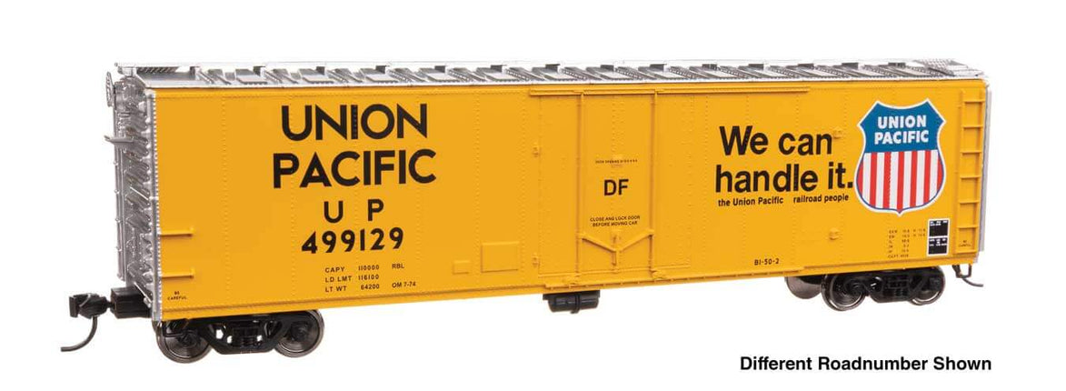 Union Pacific HO Scale 50' insulated boxcar with colorful yellow design and delivery slogan, model number UP 499129.