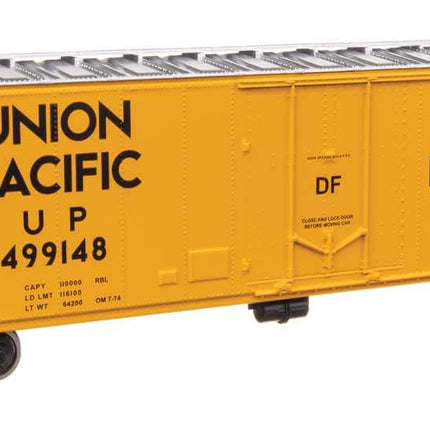 Walthers Mainline HO Scale Union Pacific 50' insulated boxcar #499148, featuring bright yellow design and detailed logo.