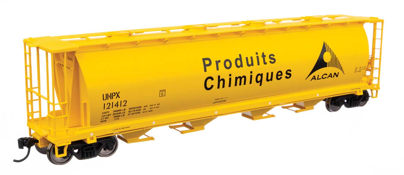 Walthers Mainline 910-7868 | 59' Cylindrical Hopper - Ready to Run - Alcan UNPX #121412 (yellow, black; English & French lettering, round hatches) | HO Scale
