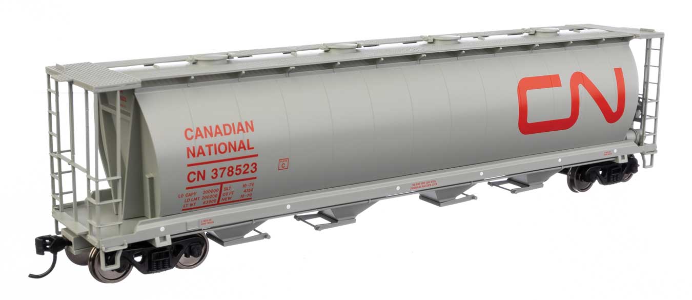 Walthers Mainline 910-7878 | 59' Cylindrical Hopper - Ready to Run - Canadian National #378523 (gray, red; English & French name, round hatches) | HO Scale