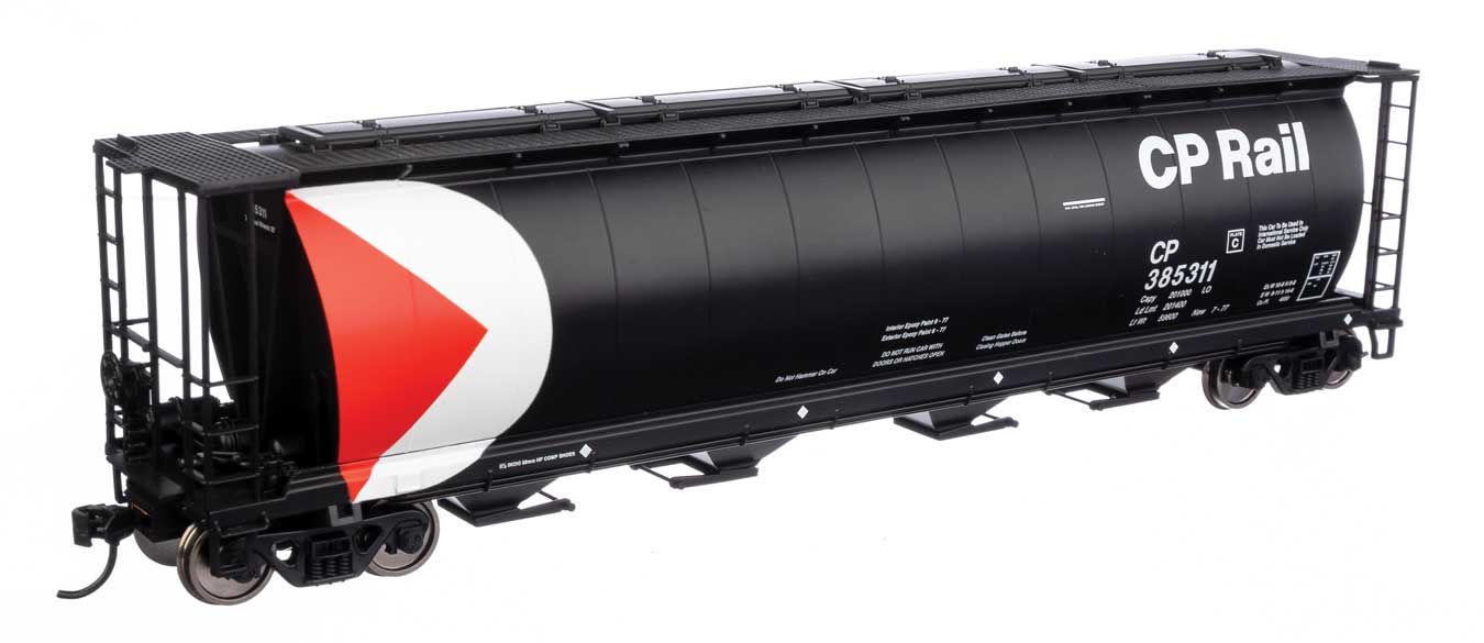 Walthers Mainline 910-7882 | 59' Cylindrical Hopper - Ready to Run - Canadian Pacific #385311 (black, white, red w/multi-mark, trough hatches) | HO Scale