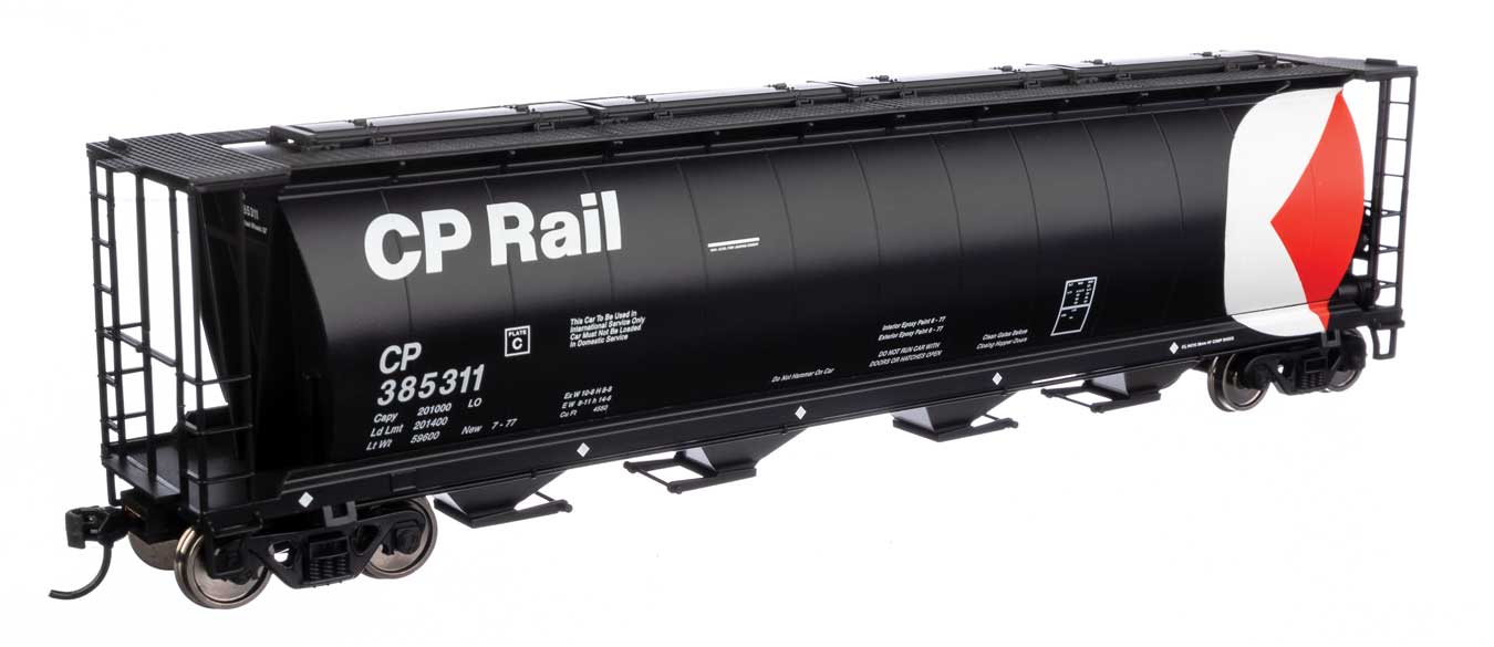 Walthers Mainline 910-7882 | 59' Cylindrical Hopper - Ready to Run - Canadian Pacific #385311 (black, white, red w/multi-mark, trough hatches) | HO Scale