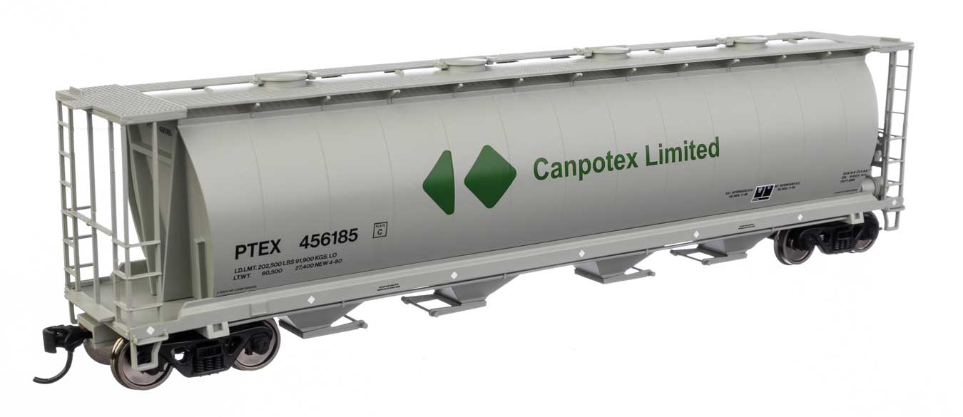 Walthers Mainline 910-7886 | 59' Cylindrical Hopper - Ready to Run - Canpotex Ltd PTEX #456185 (white, green, black, round hatches) | HO Scale