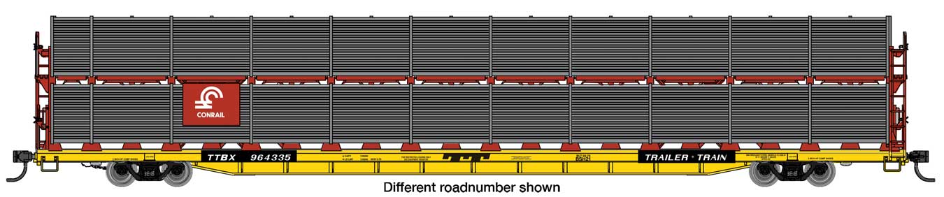 Walthers Mainline 910-8112 | 89' Flatcar w/Bi-Level Shielded Auto Rack - Ready to Run - Conrail Rack / Trailer-Train Flatcar TTBX #964357 | HO Scale