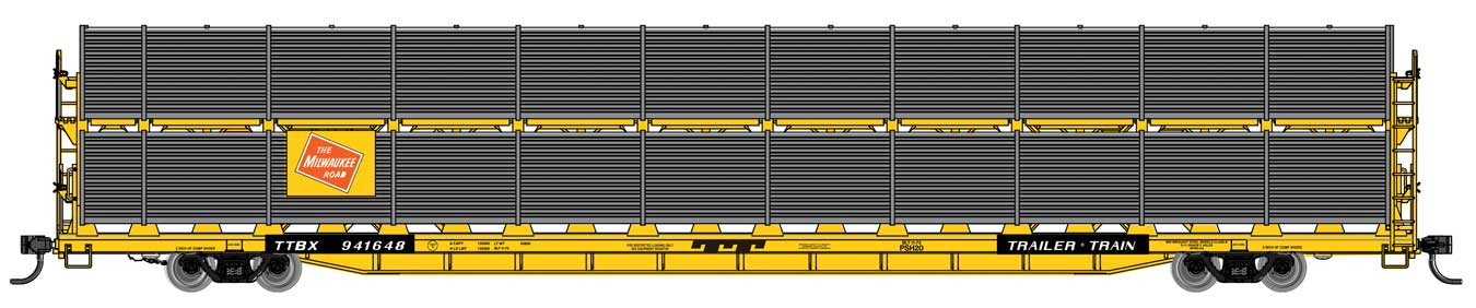 Walthers Mainline 910-8117 | 89' Flatcar w/Bi-Level Shielded Auto Rack - Ready to Run - Milwaukee Road Rack / Trailer-Train Flatcar TTBX #941648 | HO Scale
