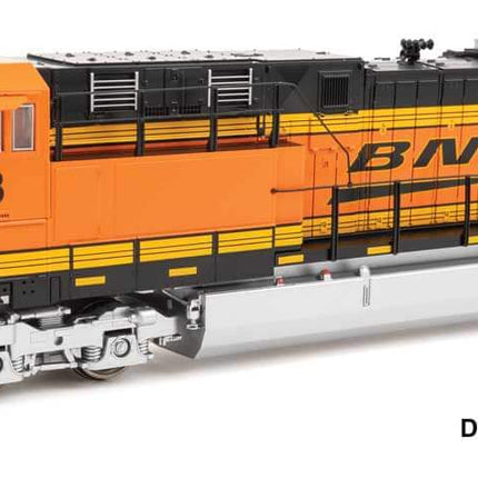 Walthers Mainline HO scale BNSF GE ES44AC diesel locomotive model with orange and black paint scheme.