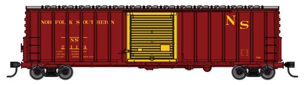 Walthers Mainline HO scale 50' ACF Exterior Post boxcar in Norfolk Southern brown with yellow door, road number NS 2114