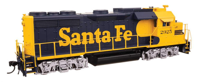 WalthersProto EMD GP35 Phase II HO scale model locomotive Santa Fe #2925 in yellow and blue.