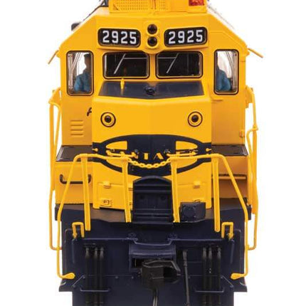 Front view of WalthersProto EMD GP35 Phase II locomotive #2925 in Santa Fe livery, HO scale model train.