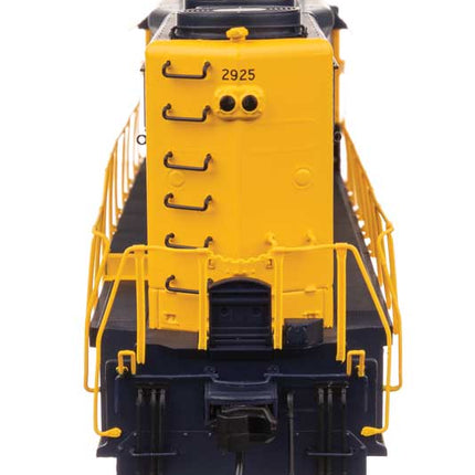 WalthersProto EMD GP35 Phase II Santa Fe #2925 model in HO scale with detailed yellow and blue design.