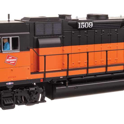 WalthersProto EMD GP35 Phase II model locomotive in Milwaukee Road orange and black, HO scale train.