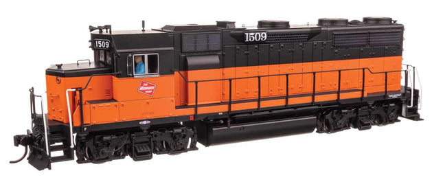 WalthersProto EMD GP35 Phase II model locomotive in Milwaukee Road orange and black, HO scale train.