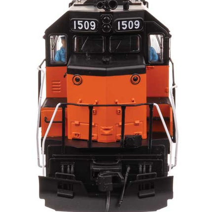 Front view of WalthersProto HO Scale EMD GP35 #1509 model locomotive in Milwaukee Road orange and black colors.