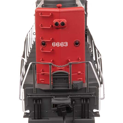 Close-up of WalthersProto EMD GP35 Southern Pacific model locomotive #6663 in HO scale.