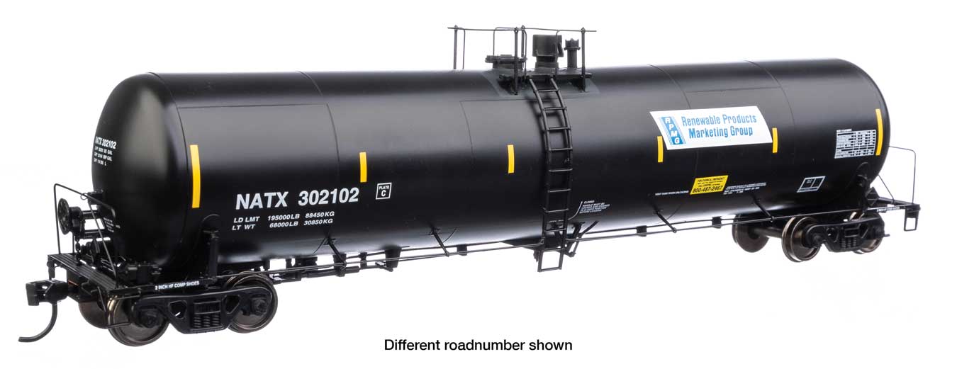 Walthers Proto 920-100638 | 55' Trinity 30,145-Gallon Tank Car - Ready to Run - Renewable Products NATX #302180 (black, white, yellow conspicuity marks) | HO Scale