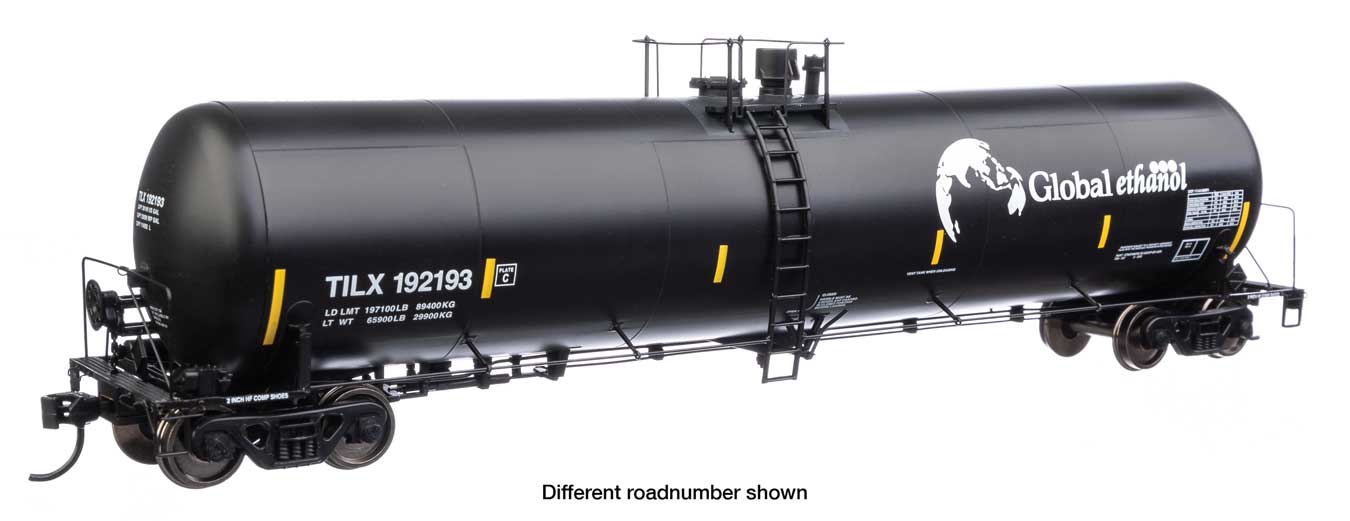 Walthers Proto 920-100642 | 55' Trinity 30,145-Gallon Tank Car - Ready to Run - Golbal Ethanol TILX #192199 (black, white, yellow conspicuity marks) | HO Scale