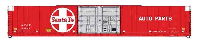 Santa Fe 86' Pullman-Standard Hi-Cube Boxcar in red, featuring large double doors and "AUTO PARTS" text for HO scale model.