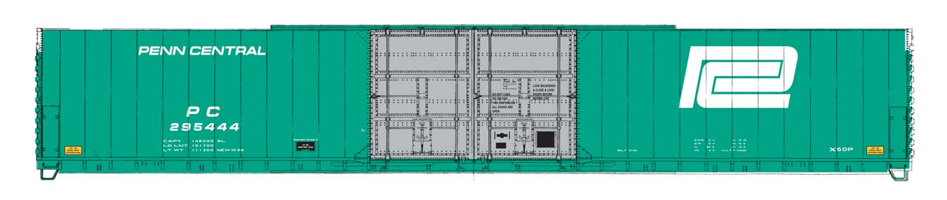 HO scale Penn Central #295444 86' Pullman-Standard double-door hi-cube boxcar model, ideal for auto production transport.