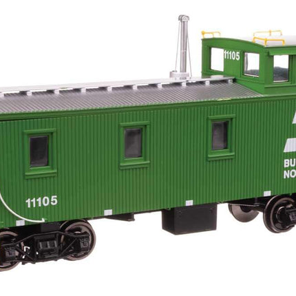 Walthers Proto 30' GTW Style Wood Caboose Burlington Northern #11105 model in HO scale, featuring vibrant green and yellow colors.