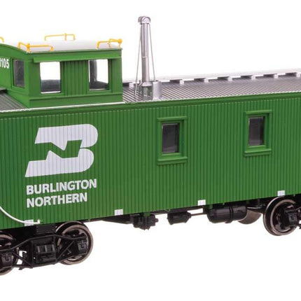 Burlington Northern 30' style wood caboose model #11105 in green and yellow, ready to run, HO scale.