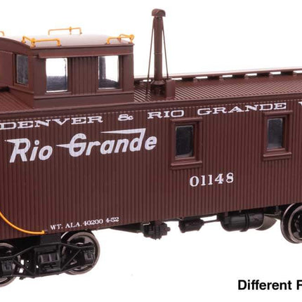 Denver & Rio Grande Western HO scale wood caboose model, featuring offset cupola and classic design.