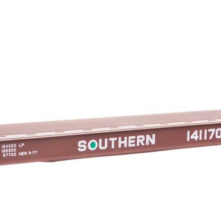 Walthers Proto 50' Sieco Pulpwood Flatcar Southern Railway #141170 in HO scale, showcasing V-sloped deck and tall bulkheads.