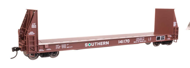 Walthers Proto 50' Sieco Pulpwood Flatcar Southern Railway #141170 in HO scale, showcasing V-sloped deck and tall bulkheads.